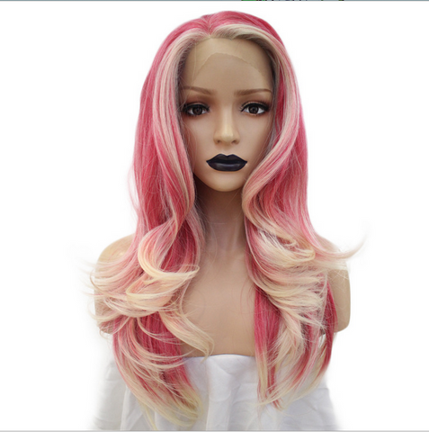 Ombre Blonde Pink Lace Front Wigs Long Wave Synthetic Cosplay Wig for Women