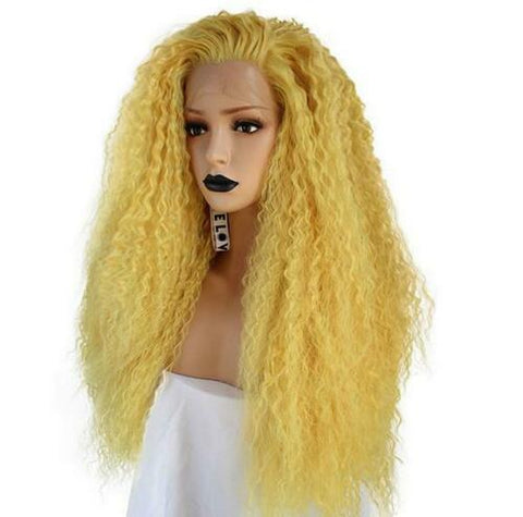 24" Yaki Lace Front Wig Long Kinky Curly Yellow Full Wigs Synthetic Hair Party