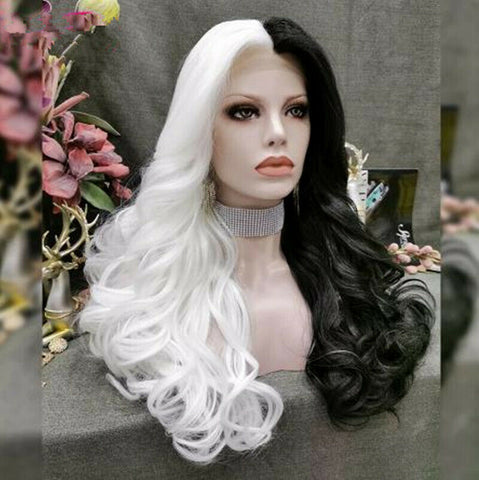 Synthetic Lace Front Wig Half White Half Black Wigs For Women Two Tone Body Wave