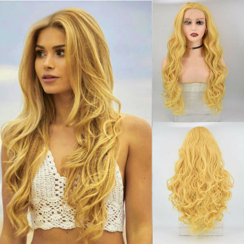 Long Synthetic 13x4 Lace Front Wig Golden Yellow Caramel Blonde Wavy Cosplay Wig