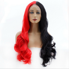Body Wave Long Lace Front Wig Synthentic Half Black and Half Red Machine Made
