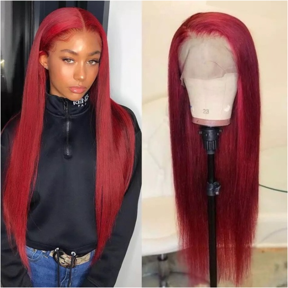 Long Straight Burgundy Red Lace Front Wig Glueless Heat Resistant Synthetic Wigs