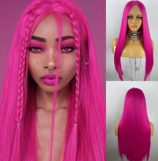 Pink Synthetic Lace Front Wigs Long Straight Rose Red Wig For Women Cosplay