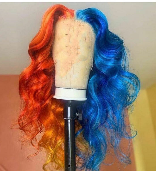 Women Long Wave Half Orange Half Blue Lace Front Wig Heat Safe Full Hairline