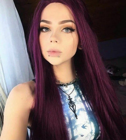 Women Long Straight Purple Wig Lace Front Wig Heat Safe Costumes Glueless Soft
