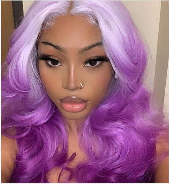Ombre Purple Lace Front Wigs Long Wavy Synthetic Natural Hairline Body Wave Hair