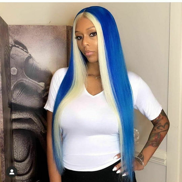Women Long Straight Blone Finger Blue Lace Front Wig Heat Safe Costumes Natural