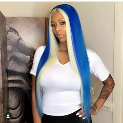 Women Long Straight Blone Finger Blue Lace Front Wig Heat Safe Costumes Natural