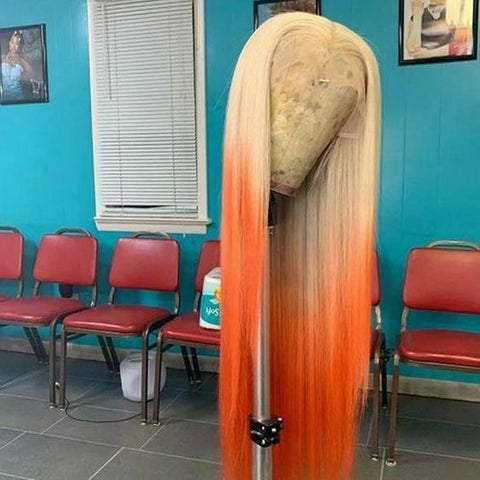 Women Long Straight Ombre Blonde Orange Lace Front Wig Heat Safe Full Hairline