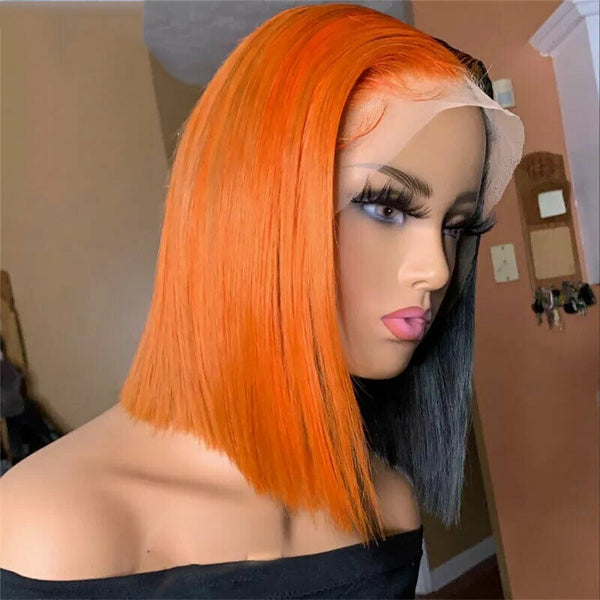 Half Black Half Orange Bob Wig Lace Front Wigs Synthetic Straight Hair Heat Safe