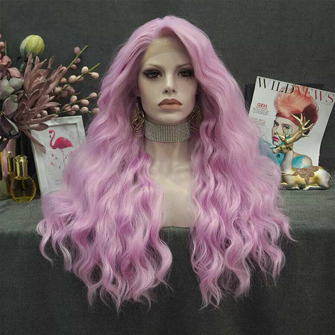 Long Hair Deep Wave Pink Wig Synthetic Lace Front Wigs Heat Resistant For Women