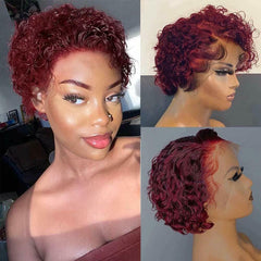 Fashion Wine Red Pixie Cut Short Deep Curly Lace Front Wigs Synthetic Curly Hair