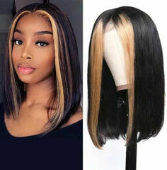 Fashion Brown Mix Blonde Short Straight Synthetic Lace Front Wigs Heat Resistant