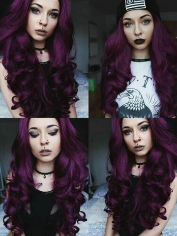 Women Purple Long Body Wavy Synthetic Heat Safe Lace Front Wigs Natural Hairline