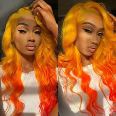 Sexy Yellow Orange Ombre Lace Front Wigs Body Wave Synthetic Heat Resistant Hair