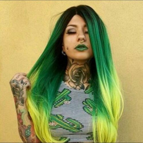 Women Long Straight Green Yellow Mixed Lace Front Wig Heat Safe Party Fiber Wig