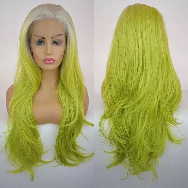 White Roots Ombre Green Natural Wave Synthetic Lace Front Wigs Natural Hairline