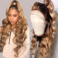Long Wavy T Lace Front Wig Dark Root Ombre Golden Brown Synthetic Wigs Natural