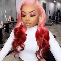 Women Long Wave Pink Red Lace Front Wig Heat Safe Costumes Natural Synthetic Wig