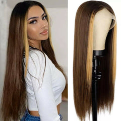Long Straight Lace Front Wig Ombre Blonde Brown Synthetic for Women Cosplay Wigs