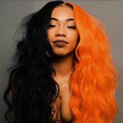 Women Long Wave Half Black and Half Orange Lace Front Wig Heat Safe Costume Wigs