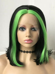 Women Short Bob Black Finger Green Wig Lace Front Wig Heat Safe Synthetic Wigs