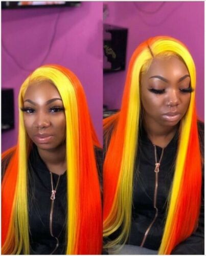 Women Long Straight Orange Finger Yellow Wig Lace Front Wig Heat Safe Dress Wigs