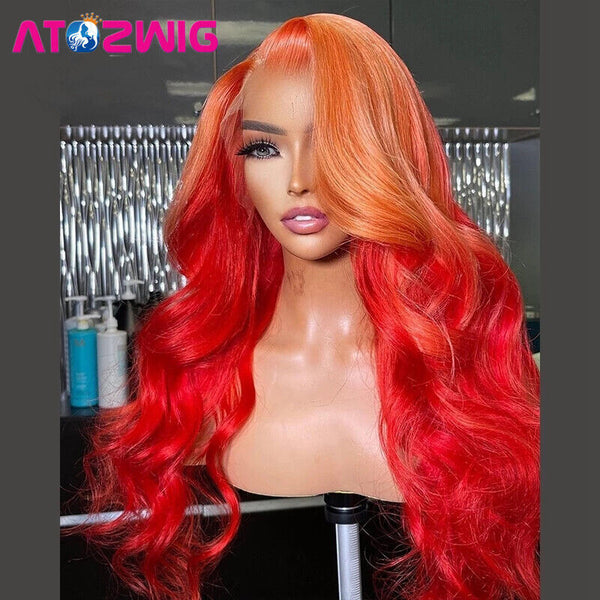 Long Loose Wavy Ombre Wig Fashion Lace Front Orange Ombre Red Lace Front Wigs