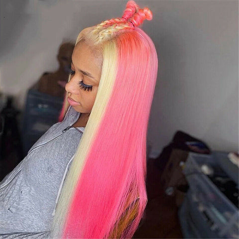 Long Straight Wigs Blonde Ombre Pink Highlight Lace Front Wig Natural Looking