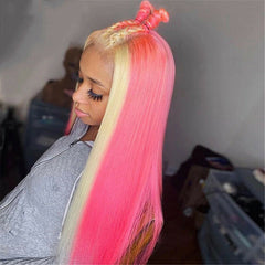 Long Straight Wigs Blonde Ombre Pink Highlight Lace Front Wig Natural Looking