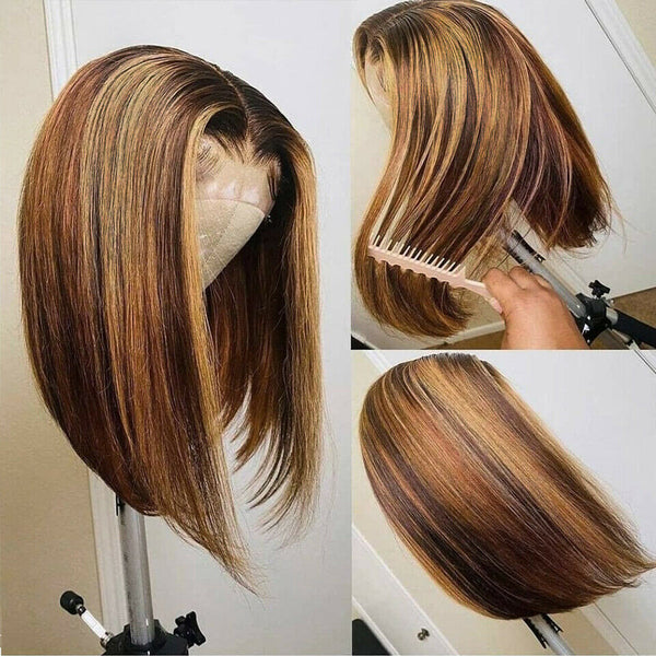 Short Bobo Synthetic Wigs Honey Blonde Ombre Brown Middle Part Wig Glueless Heat