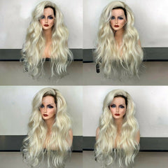 Long Curly Wave Wigs Platinum Blonde Ombre Dark Roots Lace Front Wig Glueless