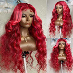 Long Loose Wave Synthetic Wigs Ombre Red Pink Lace Front Wig Glueless Heat Safe