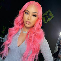 Women Pink Colour Long Wavy Lace Front Wigs Heat Safe Cute Wigs Glueless Wigs