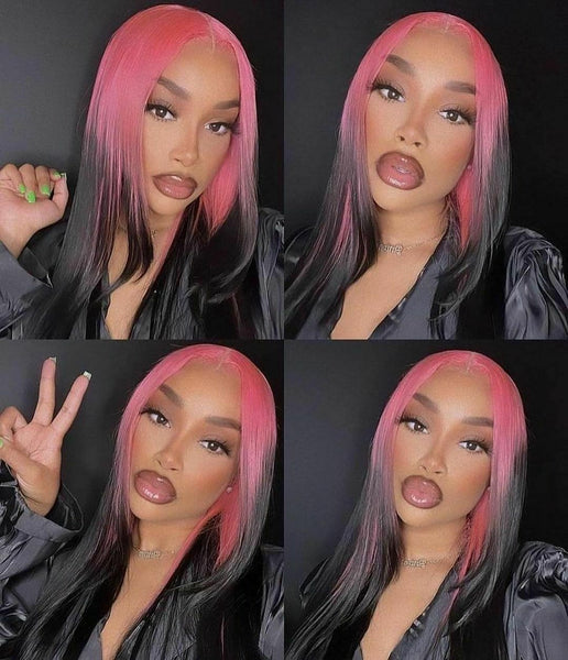 Long Black Pink Highlight Straight Lace Front Wig Synthetic Hair Wigs Glueless