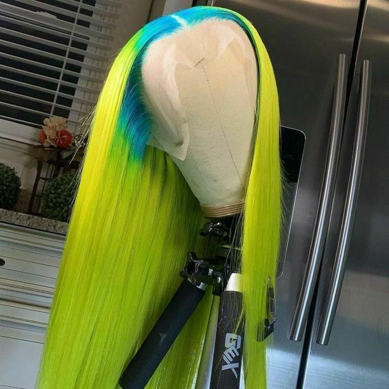 Women Long Silky Blue root Green Lace Front Wig Straight Synthetic Wigs Cosplay