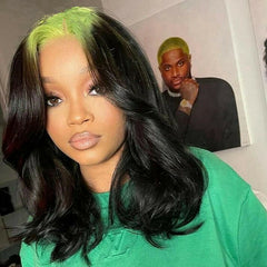 Short Green Roots Virgin Body Wave Lace Front Wig Synthentic Ombre Colored