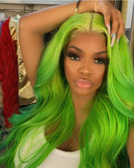 Long Light Green Wig Natural Body Wave Lace Front Wigs Heat Resistant Fiber Soft