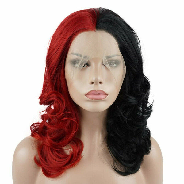 Medium Length Half Black Half Red Mix Wig Heat Lace Front Wig Synthetic
