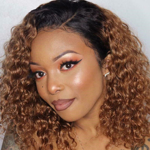 Short Curly Wig Kinky Curly Wig Synthetic Lace Front Wig Ombre Brown Curly Hair
