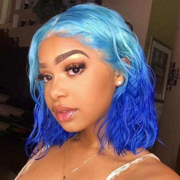 Short Wave Ombre Blue Wigs Synthetic Lace Front Wig Glueless Cosplay Party Heat
