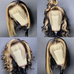 Short Bobo Straight Synthetic Wigs Black Ombre Blonde Lace Front Wig Glueless