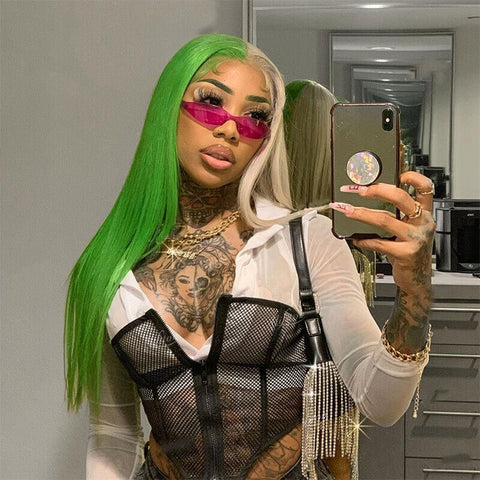 Long Silky Straight Lace Front Wig Half Green Half Blonde Synthetic Wigs Costume