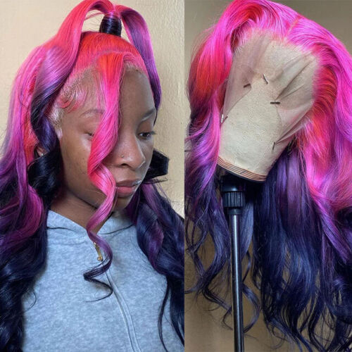 Women Long Wavy Wigs Hot Pink to Purple Two Tones Lace Front Wigs Glueless Wigs