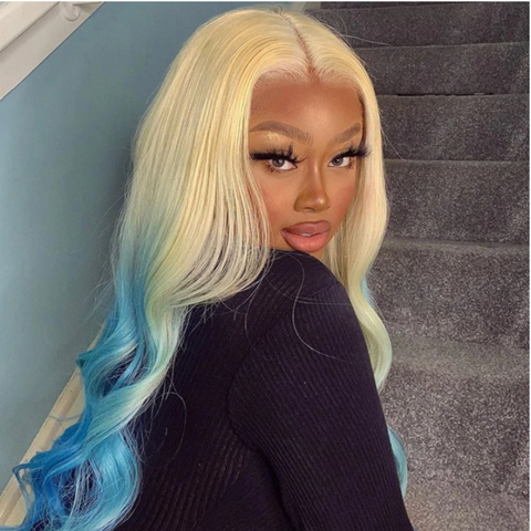 Long Wave Blonde Root Blue Wig 13X4 T Part Lace Front Wig Ombre Synthetic Wigs