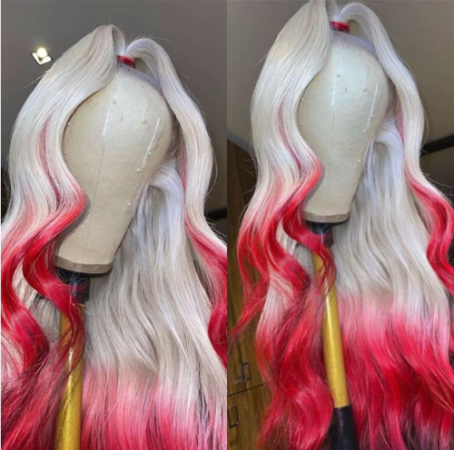 Long White Blonde Wavy Wigs Lace Front Wig Ombre Blond Red Wig Glueless Full Wig
