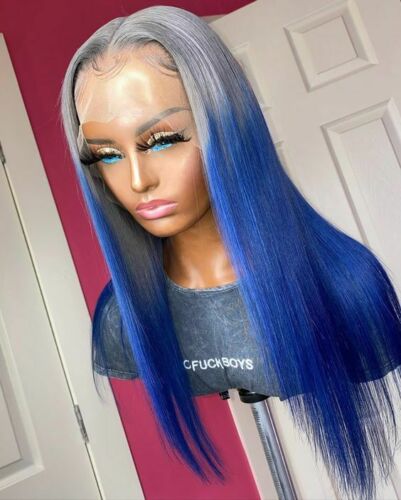 Women Long Half Grey Blue Lace Front Wig Heat Safe Party Fiber Wig Cos Halloween