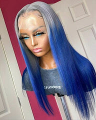 Women Long Half Grey Blue Lace Front Wig Heat Safe Party Fiber Wig Cos Halloween