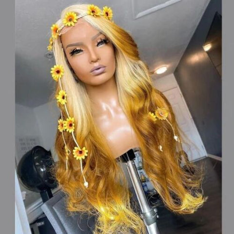 Long Wavy Lace Front Wig Blonde to Dark Yellow Synthetic Wigs Halloween Party