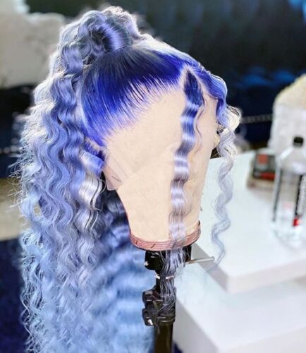 Long Deep Curly Wavy Lace Front Wig Ombre Blue Synthetic Wigs Party Heat Fiber